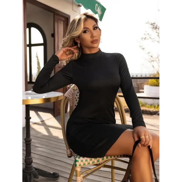 Kadın Uzun Kollu Yarım Balıkçı Yaka Viskon Elbise - 5 Lİ