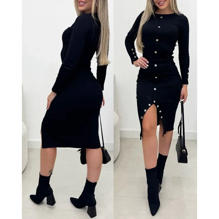 Kadın Uzun Kollu Yırtmaçlı Düğme Detaylı Midi Kaşkorse Elbise