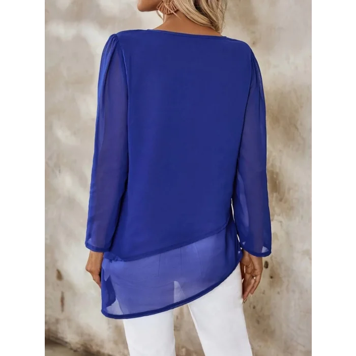 Kadın Uzun Kollu Yuvarlak Asimetrik Detaylı şifon Bluz