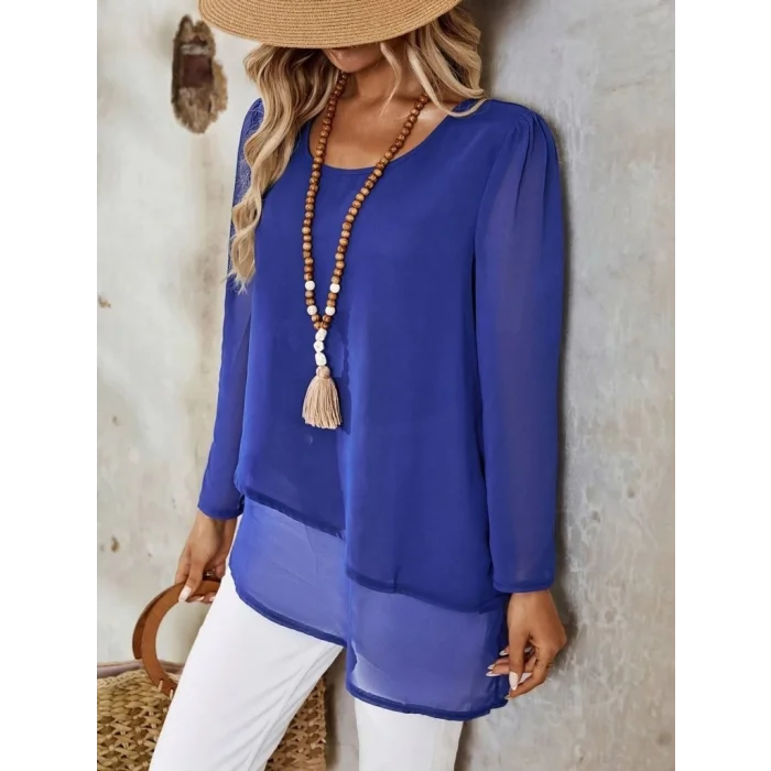 Kadın Uzun Kollu Yuvarlak Asimetrik Detaylı şifon Bluz