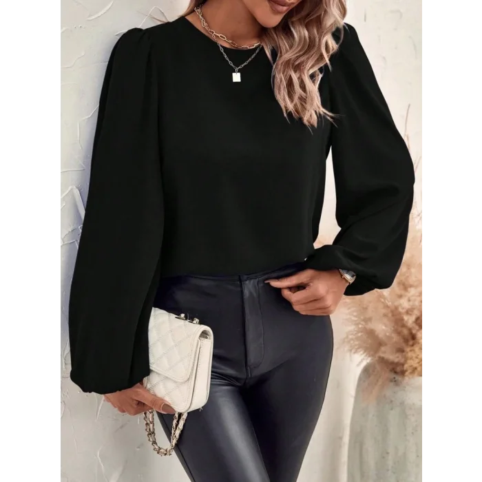 Kadın Uzun Kollu Yuvarlak Yaka Arkadan Bağcıklı Salaş Ithal Krep Bluz