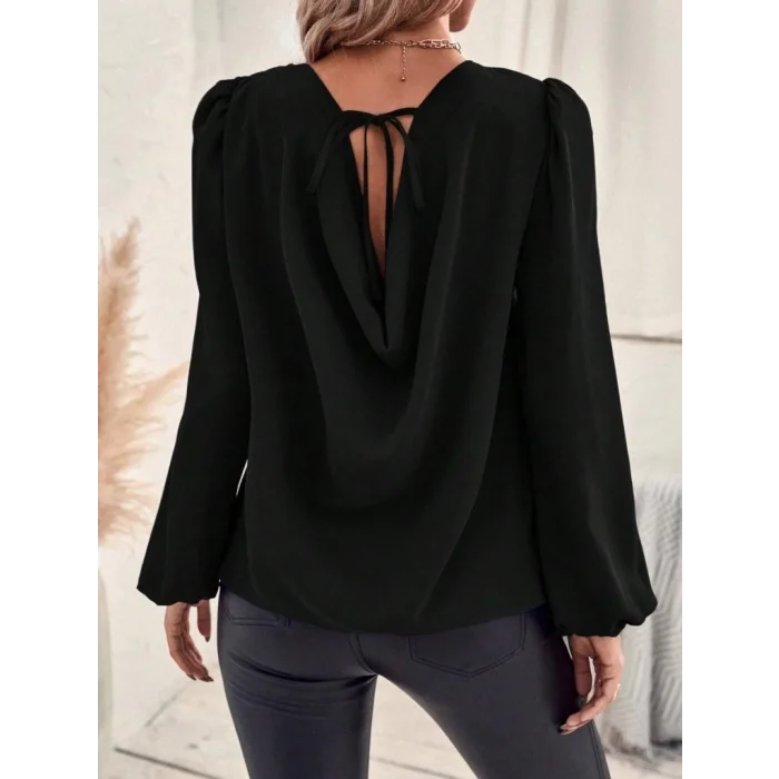 Kadın Uzun Kollu Yuvarlak Yaka Arkadan Bağcıklı Salaş Ithal Krep Bluz