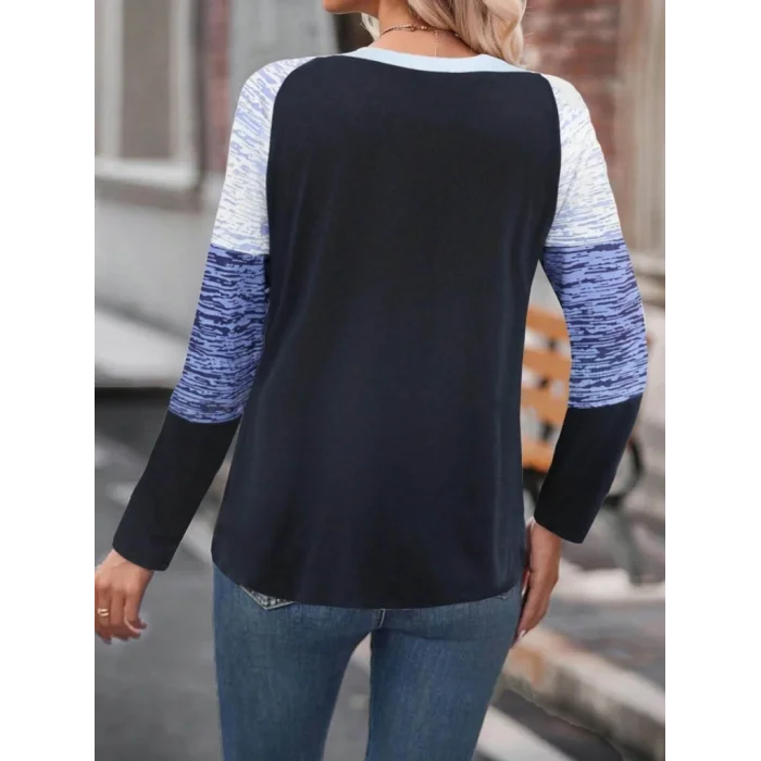 Kadın Uzun Kollu Yuvarlak Yaka Baskılı Düğme Detay Süprem Bluz