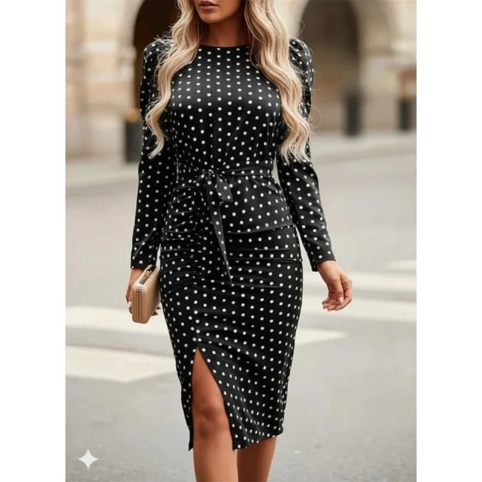 Kadın Uzun Kollu Yuvarlak Yaka Belden Kuşaklı önden Yırtmaçlı örme Krep Elbise