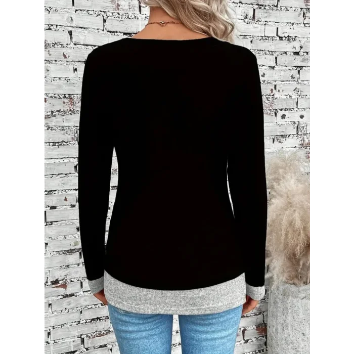 Kadın Uzun Kollu Yuvarlak Yaka Blok Renkli Yandan Düğmeli Viskon Bluz