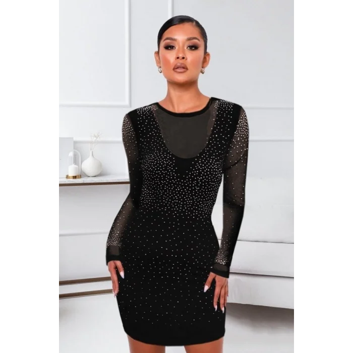 Kadın Uzun Kollu Yuvarlak Yaka Dekolteli Taşlı Dalgıç Elbise