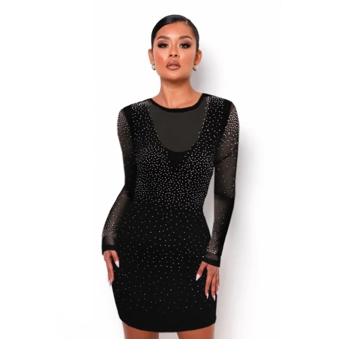 Kadın Uzun Kollu Yuvarlak Yaka Dekolteli Taşlı Dalgıç Elbise