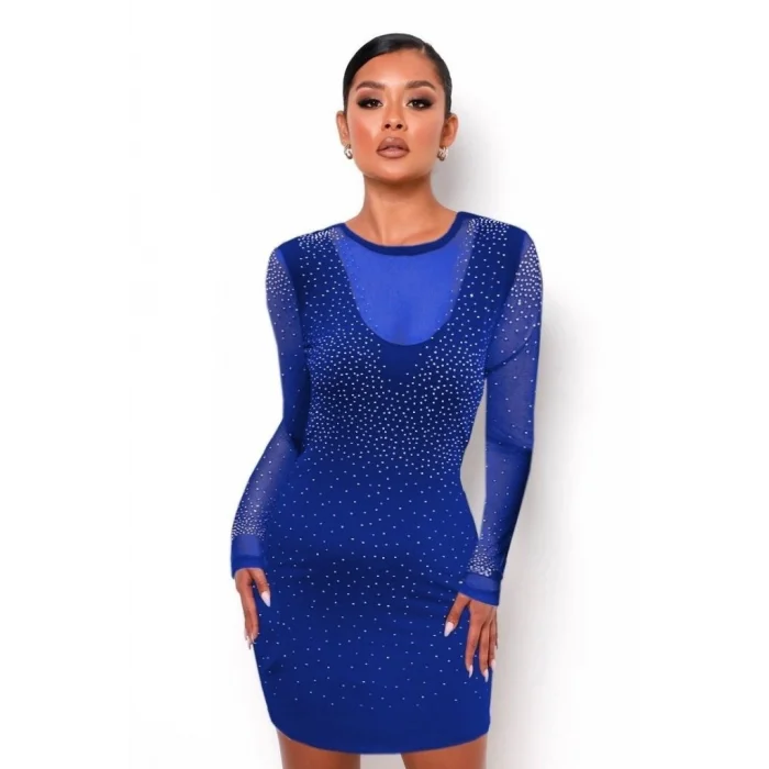 Kadın Uzun Kollu Yuvarlak Yaka Dekolteli Taşlı Dalgıç Elbise