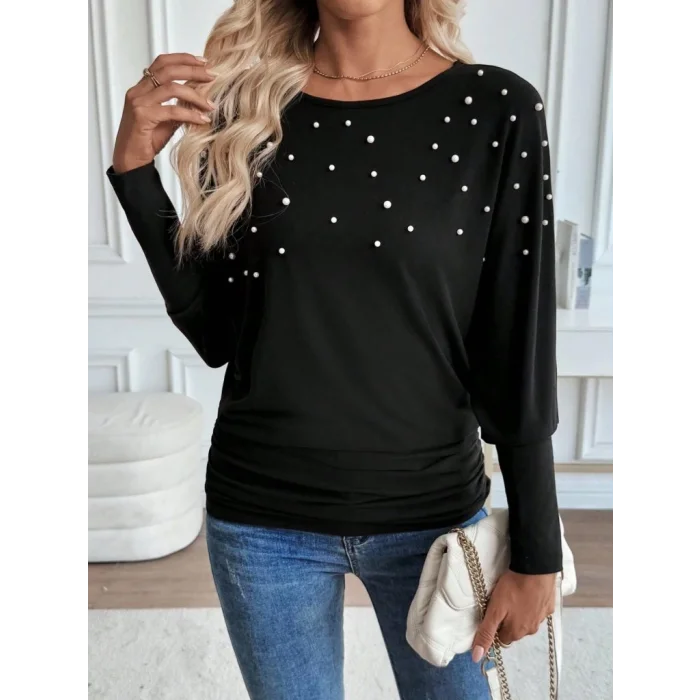 Kadın Uzun Kollu Yuvarlak Yaka Incili Viskon Bluz