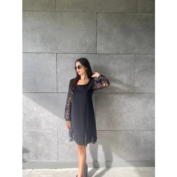 Kadın Uzun Kollu Yuvarlak Yaka Kol Ve Etek Ucu Dantelli Kısa Ithal Krep Elbise