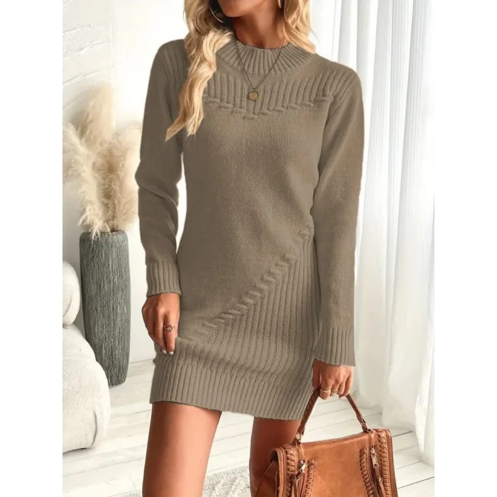 Kadın Uzun Kollu Yuvarlak Yaka Mini Triko Elbise