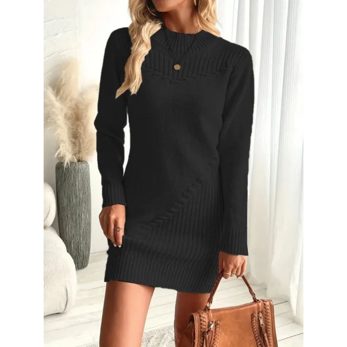 Kadın Uzun Kollu Yuvarlak Yaka Mini Triko Elbise