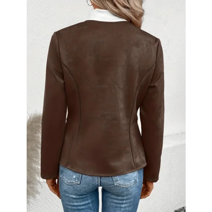 Kadın Uzun Kollu Yuvarlak Yaka önden Fermuarlı Süet Ceket