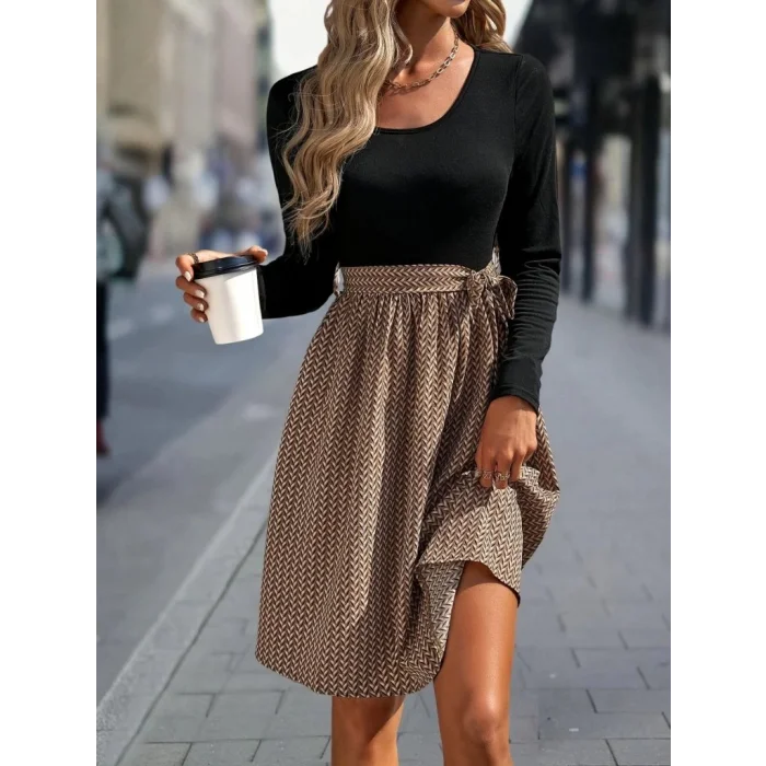 Kadın Uzun Kollu Yuvarlak Yaka üst Viskon Alt Süprem Midi Elbise