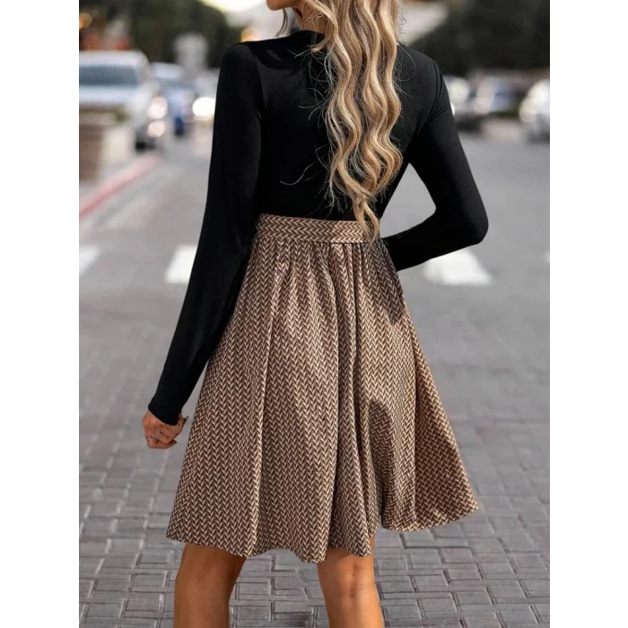 Kadın Uzun Kollu Yuvarlak Yaka üst Viskon Alt Süprem Midi Elbise