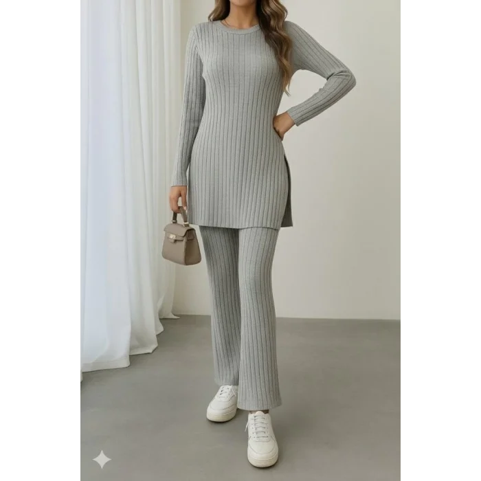 Kadın Uzun Kollu Yuvarlak Yaka Yandan Yırtmaç Detaylı şardonlu Kaşkorse Bluz Ve Pantolon Ikili Takım