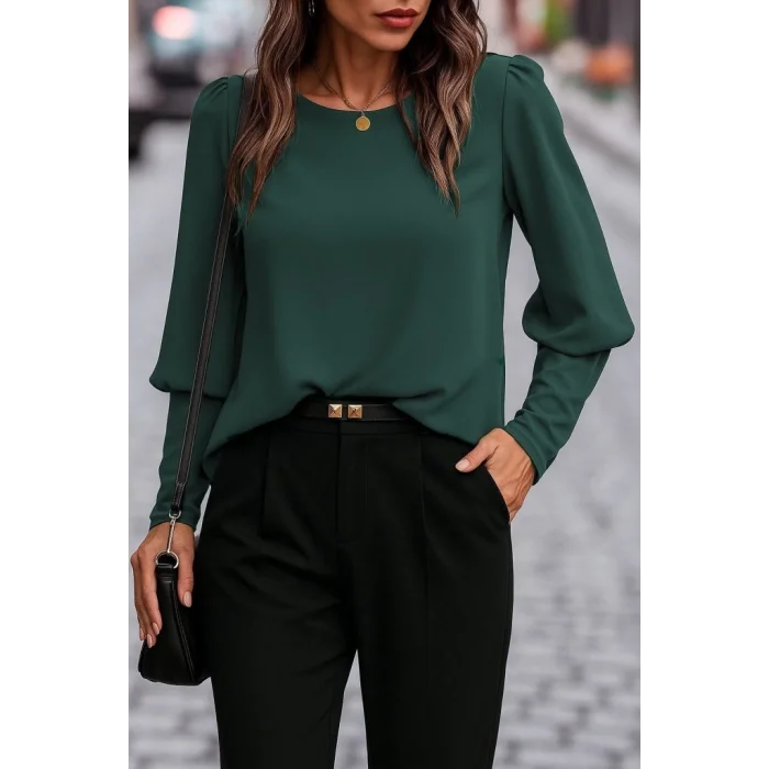 Kadın Uzun Kollu Yuvarlak Yakalı Düğmeli Ithal Krep Bluz