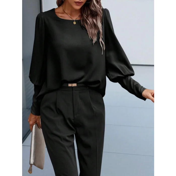 Kadın Uzun Kollu Yuvarlak Yakalı Düğmeli Ithal Krep Bluz