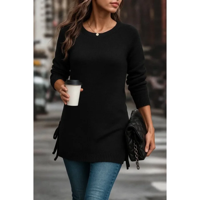 Kadın Uzun Kollu Yuvarlak Yakalı Yanlardan Bağcıklı Triko Bluz