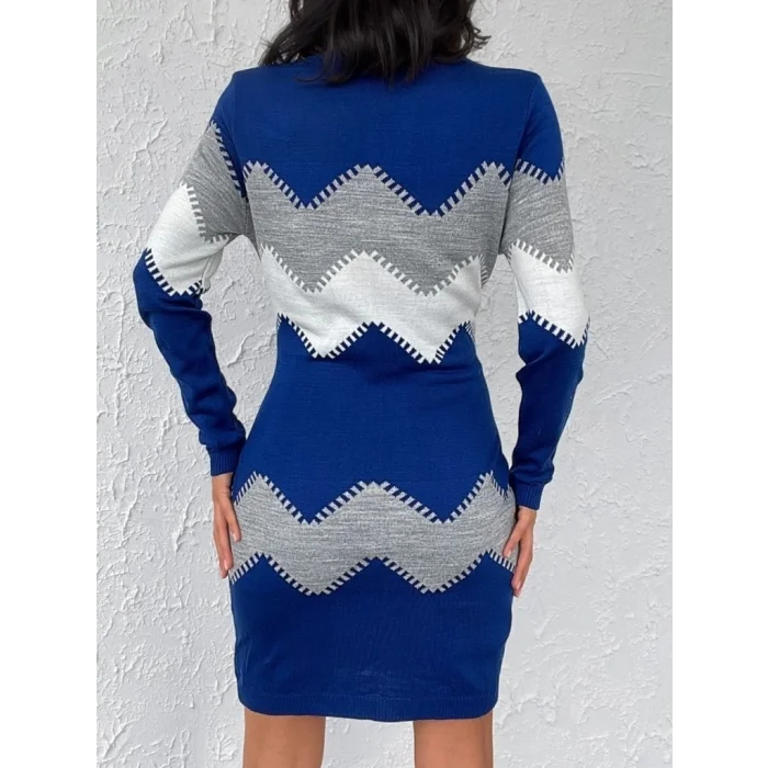 Kadın Uzun Kollu Zigzag Desen Triko Elbise