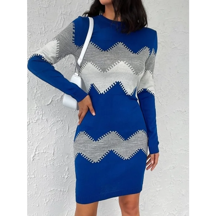 Kadın Uzun Kollu Zigzag Desen Triko Elbise