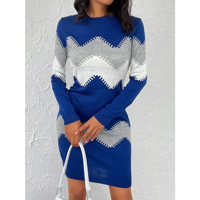 Kadın Uzun Kollu Zigzag Desen Triko Elbise