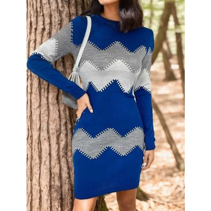 Kadın Uzun Kollu Zigzag Desen Triko Elbise