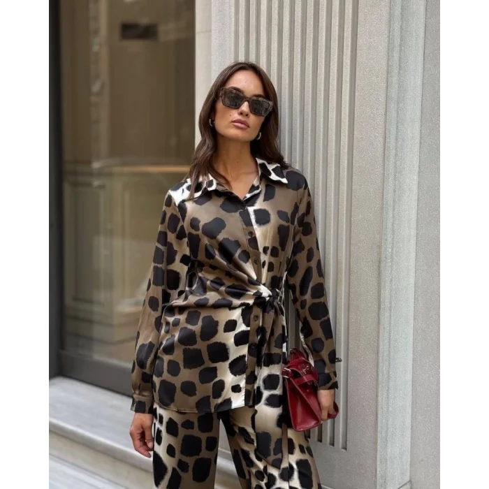 Kadın Uzun Kolluleopar Baskılı Saten Kumaş Ikili Takım
