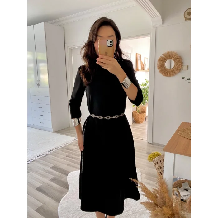 Kadın Uzun Truvakar Kol Bisiklet Yaka Midi Modal Elbise