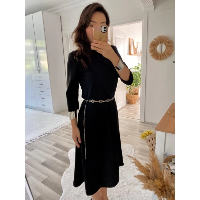 Kadın Uzun Truvakar Kol Bisiklet Yaka Midi Modal Elbise