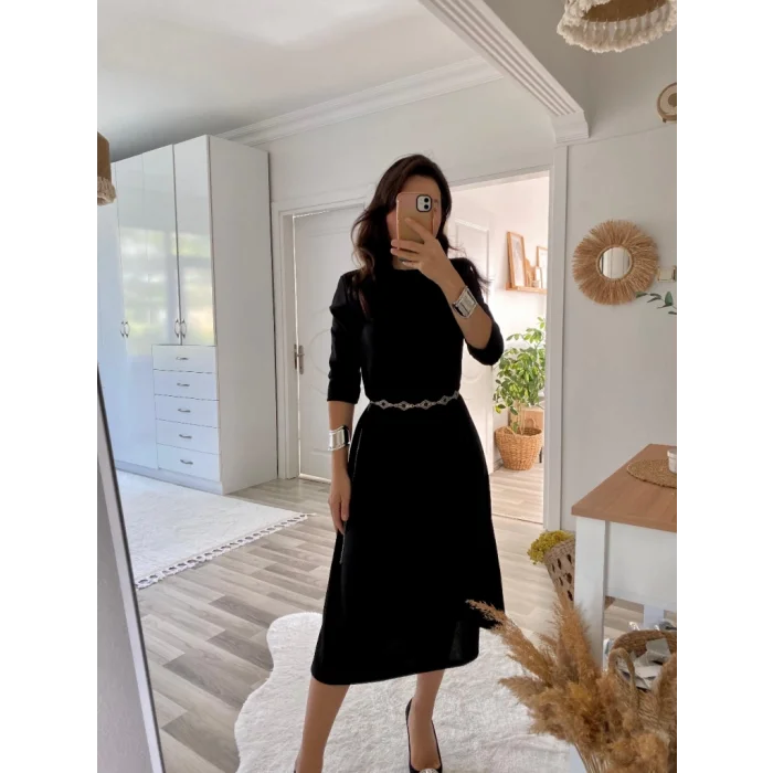 Kadın Uzun Truvakar Kol Bisiklet Yaka Midi Modal Elbise