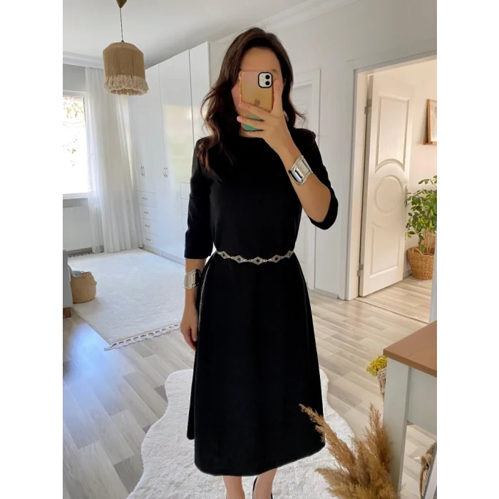 Kadın Uzun Truvakar Kol Bisiklet Yaka Midi Modal Elbise