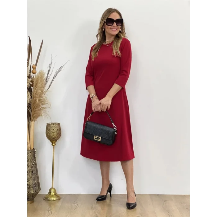 Kadın Uzun Truvakar Kol Bisiklet Yaka Midi Modal Elbise