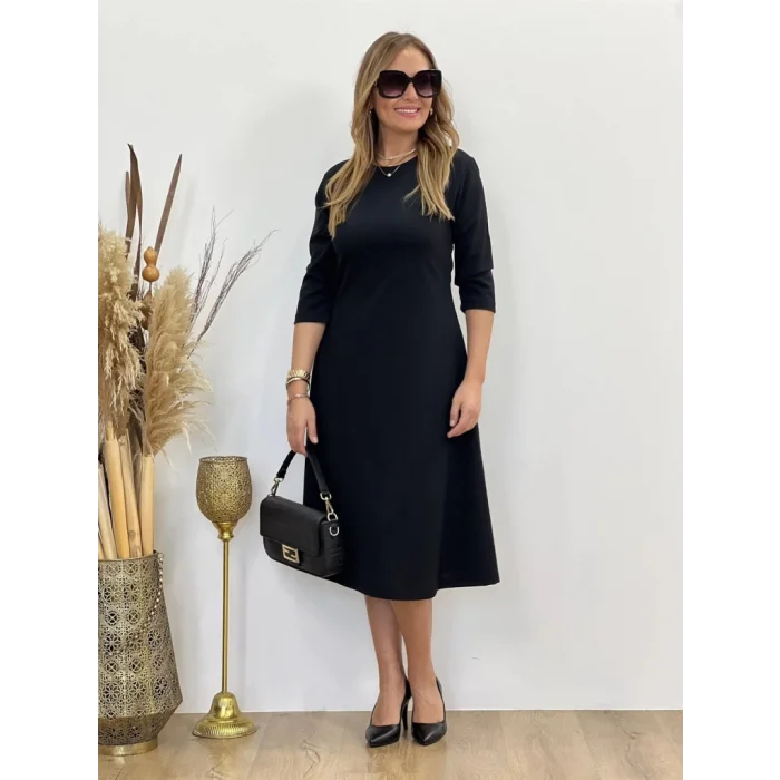 Kadın Uzun Truvakar Kol Bisiklet Yaka Midi Modal Elbise