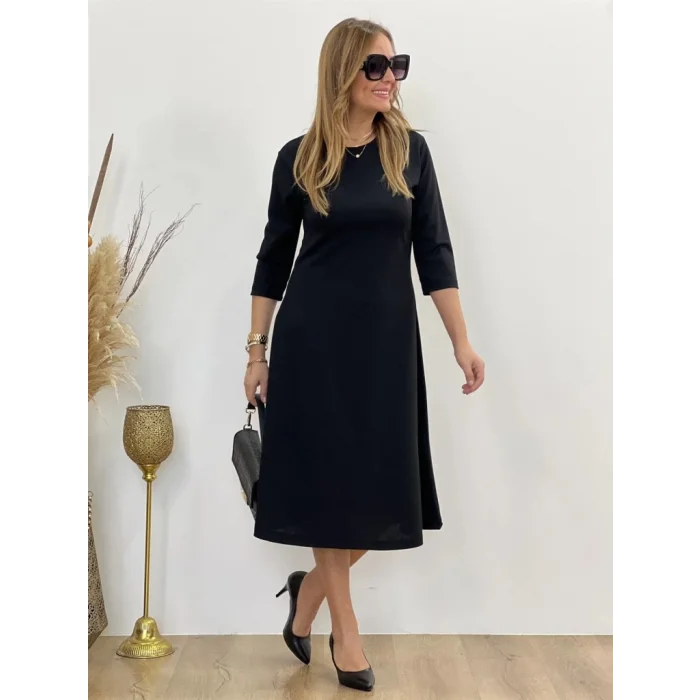 Kadın Uzun Truvakar Kol Bisiklet Yaka Midi Modal Elbise