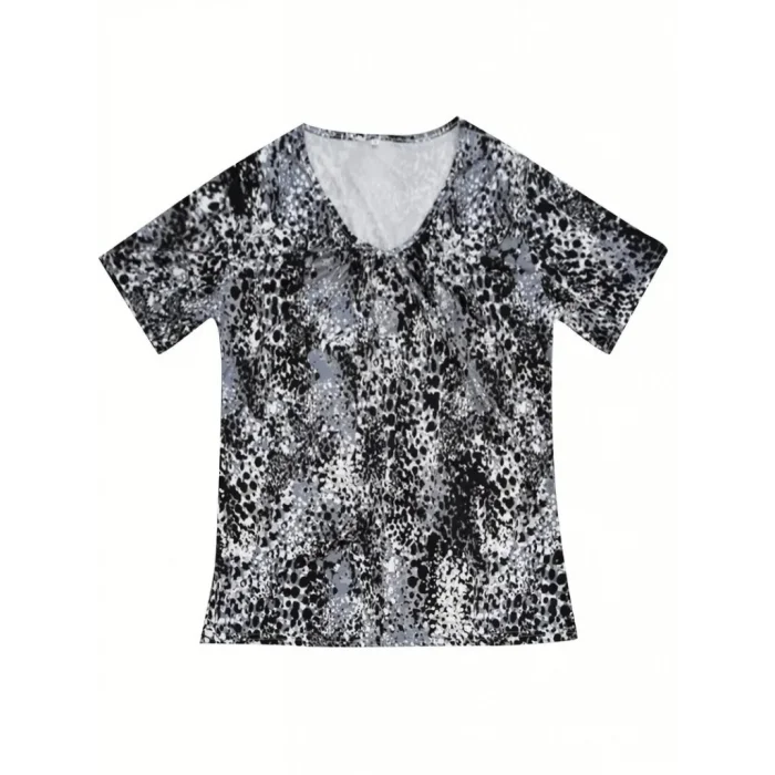 Kadın V Yaka Renkli Leopar Desen Büzgü Detay Süprem Bluz