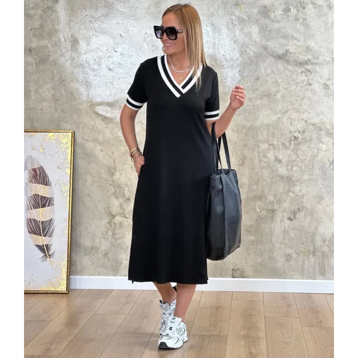 Kadın V Yaka Ribana Detay Midiboy Elbise