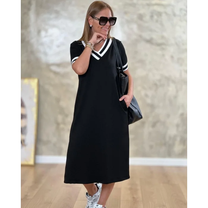 Kadın V Yaka Ribana Detay Midiboy Elbise