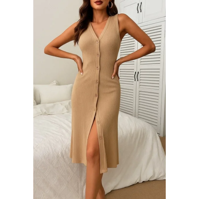 Kadın V Yakalı önden Düğmeli Kaşkorse Elbise