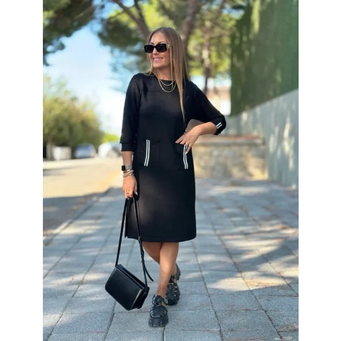 Kadın Viskon Pamuklu Kumaş Kol File , şerit Ve Cep Detaylı Elbise