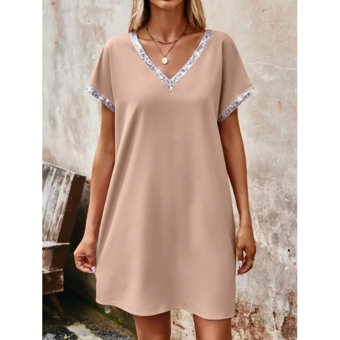 Kadın Yaka Ve Kol Pul Payet şeritli Ithal Krep Elbise