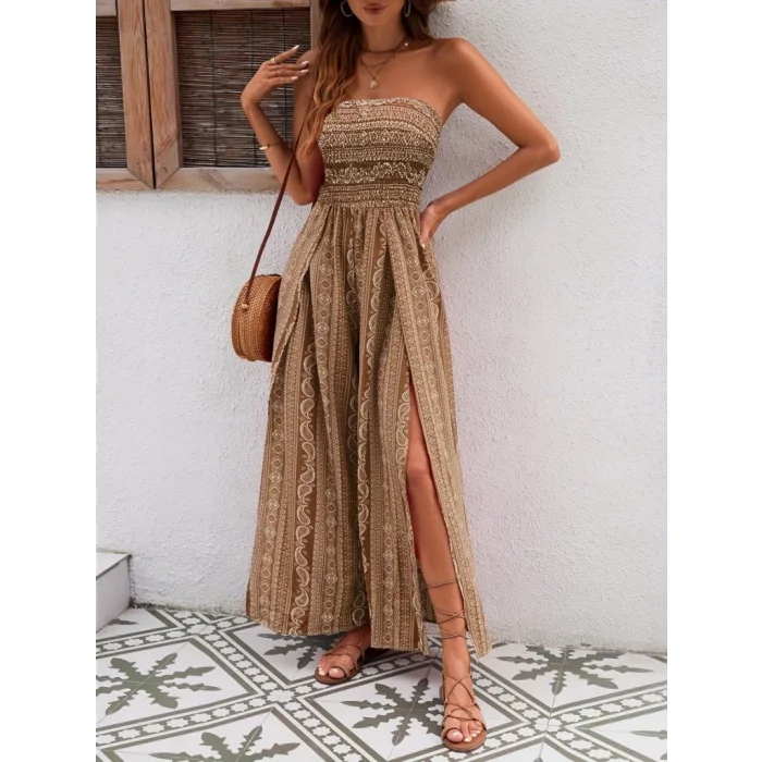 Kadın Yakası Gipe Detaylı önden Yırtmaç Detaylı Desenli Süprem Pantolun Etek Tulum