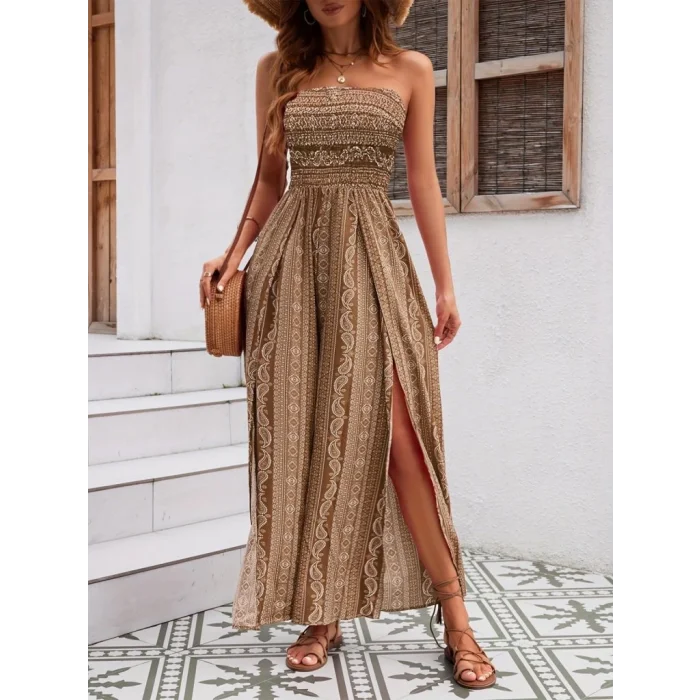 Kadın Yakası Gipe Detaylı önden Yırtmaç Detaylı Desenli Süprem Pantolun Etek Tulum