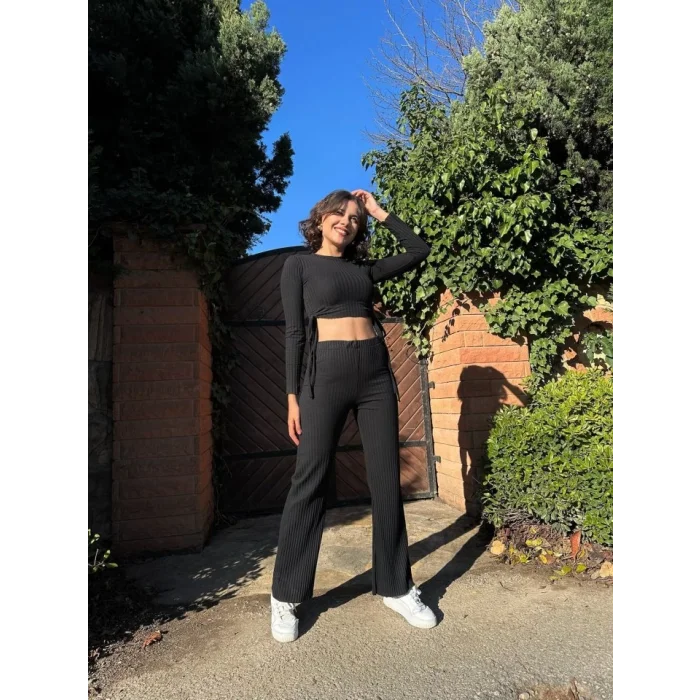 Kadın Yandan Bağlamalı Geniş Paçalı Fitil Kaşkorse İkili Takım