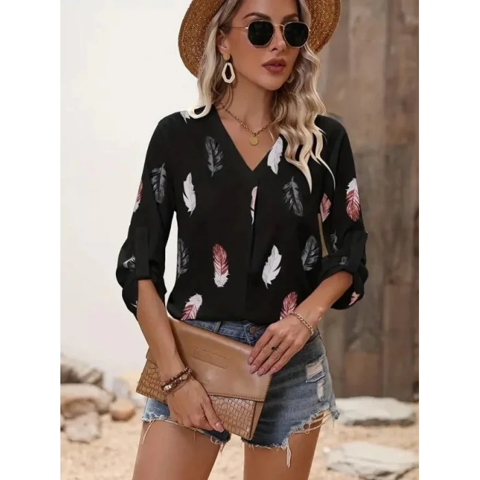 Kadın Yaprak Baskı Ayarlanabilir Truvakar Kol Süper Soft Bluz
