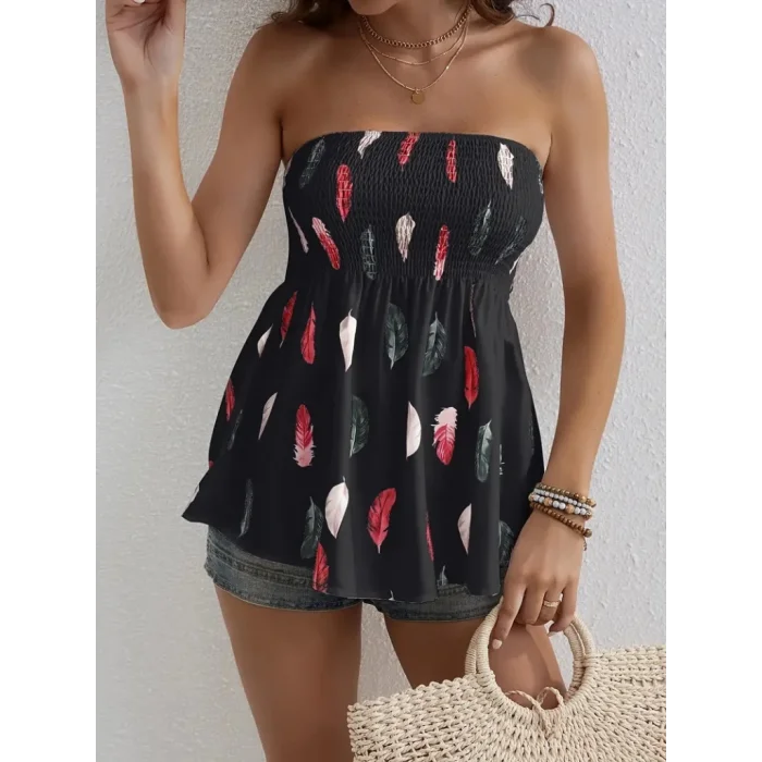 Kadın Yaprak Desenli Göğsü Gipeli Mosskrep Straplez Bluz