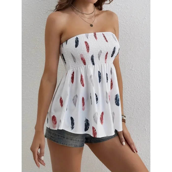 Kadın Yaprak Desenli Göğsü Gipeli Mosskrep Straplez Bluz