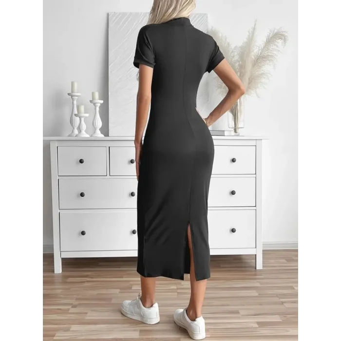 Kadın Yarı Balıkçı Yaka Yırtmaçlı Dalgıç Midi Elbise