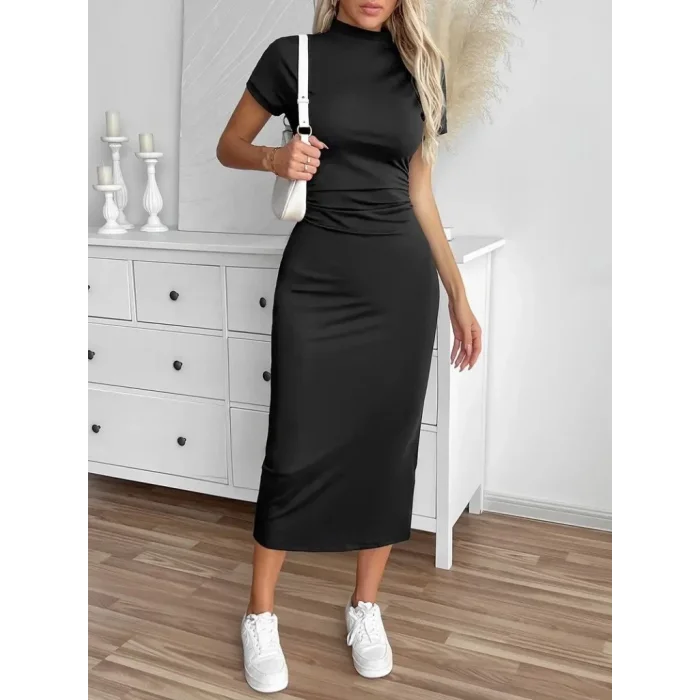 Kadın Yarı Balıkçı Yaka Yırtmaçlı Dalgıç Midi Elbise