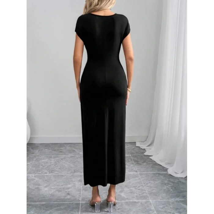 Kadın Yarım Ay Kollu Yuvarlak Yaka önünde Toka Detaylı Modal Maxi Elbise